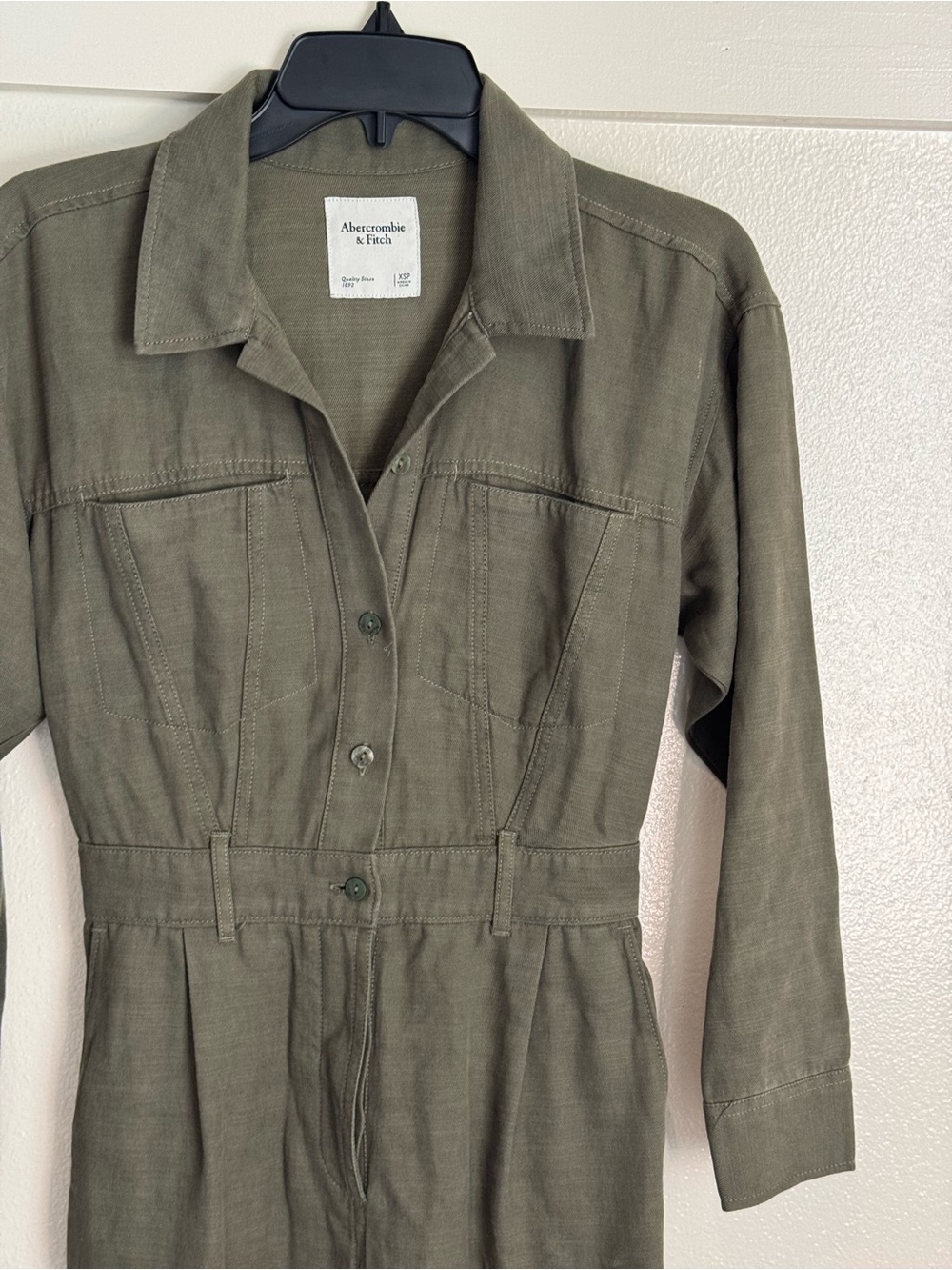 Abercrombie & Fitch Olive Green Utility Jumpsuit XS Petite Linen Blend Romper - Picture 3 of 11